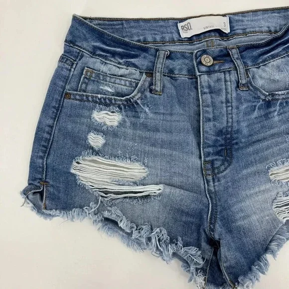 RSQ Denim Shorts Women's Juniors Size 3 Blue Vintage High Rise Cutoff Distressed - Picture 2 of 9